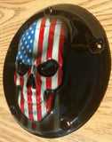3D Skull with American flag gloss black background Harley Derby Cover