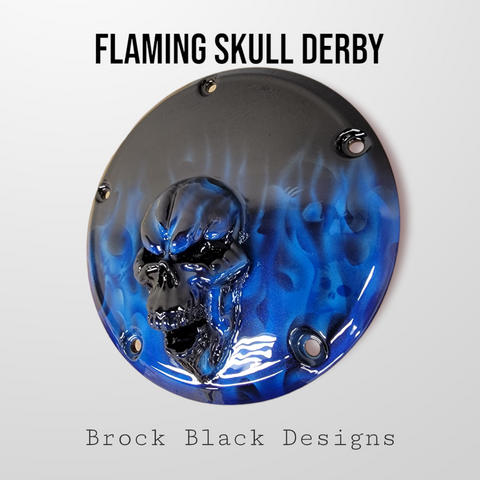 flaming skull motorcycle helmet Harley Derby Cover Flames and skulls – Brock Black Customs