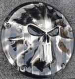 Punisher stretching through black and silver Flag Harley derby cover